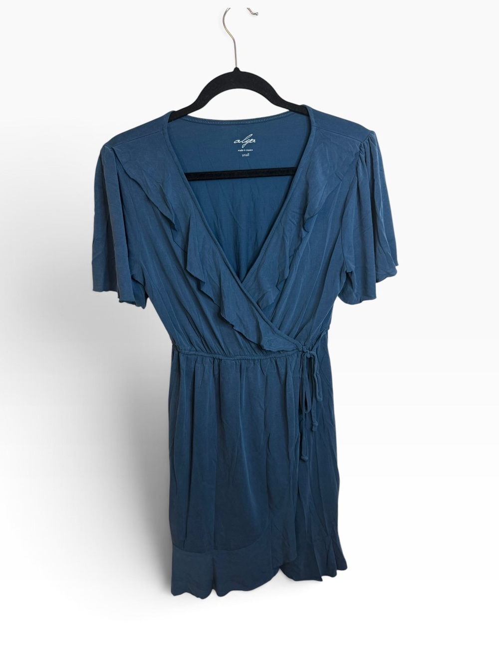 Alya Blue Jersey Knit Short Sleeve Ruffle Wrap Dress